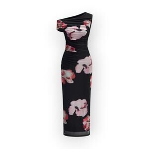 Commense Asymmetrical Floral Mesh Ruched Maxi Dress Black Pink Romantic Parisian